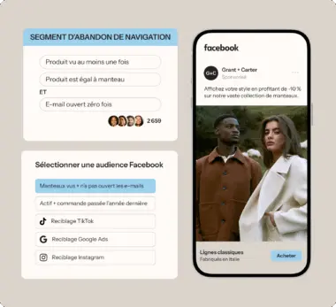 Segment d'abandon de navigation et sélection d'audience Facebook. Publicité Facebook pour des manteaux avec deux personnes.