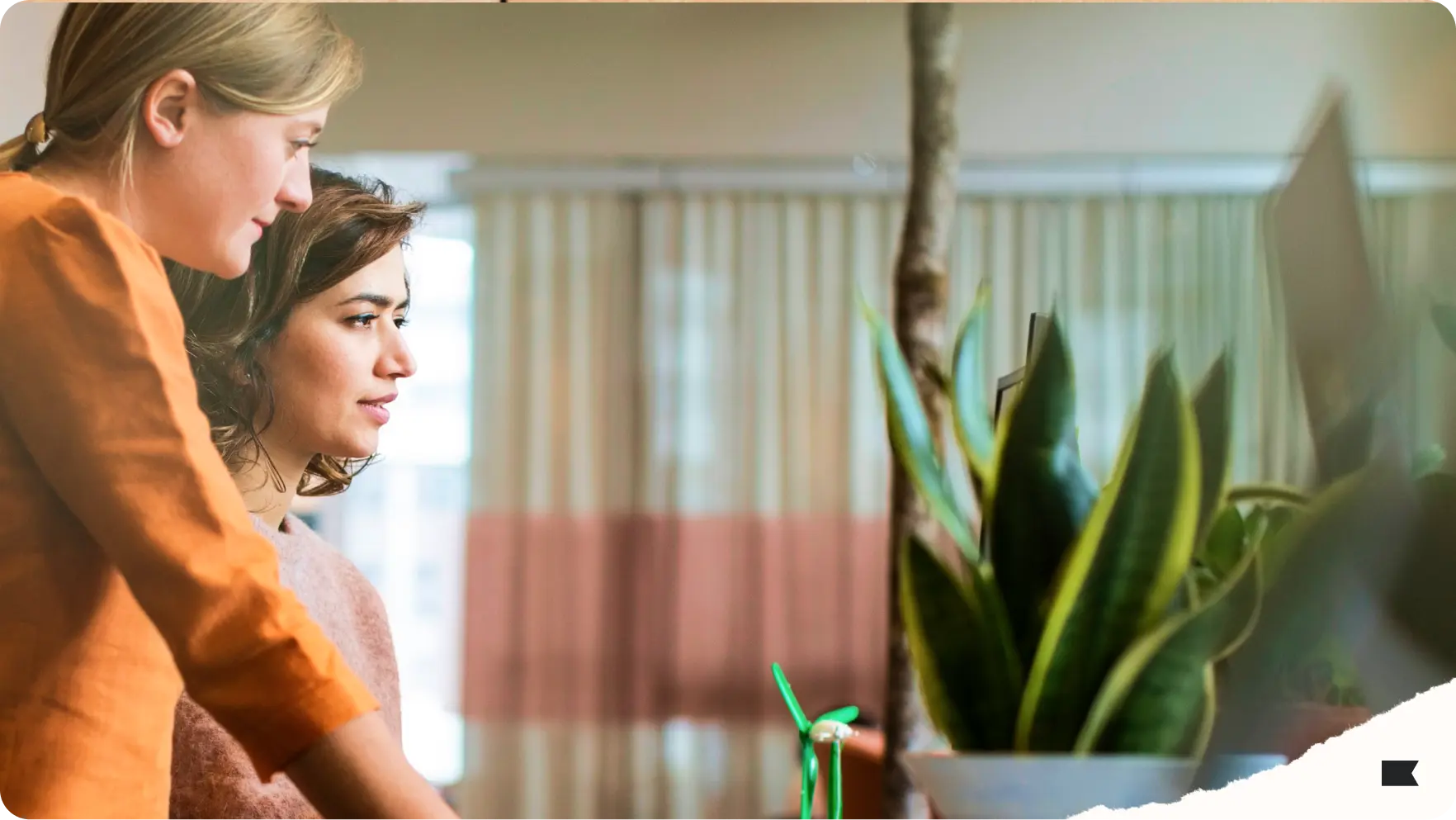 Deux femmes se concentrent sur un écran d’ordinateur, avec une plante en pot au premier plan.