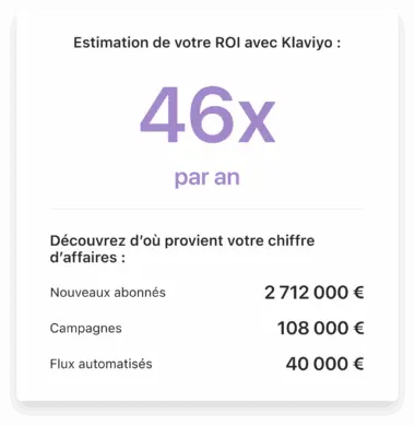 Estimation du ROI avec Klaviyo : 46x par an. Chiffre d'affaires : Nouveaux abonnés 2 712 000 €, Campagnes 108 000 €, Flux automatisés 40 000 €.
