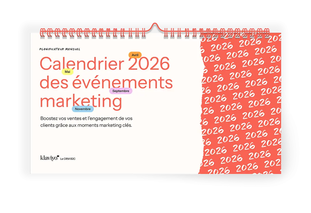 Couverture du "Calendrier 2026 des événements marketing" avec des mois colorés et le logo Klaviyo.