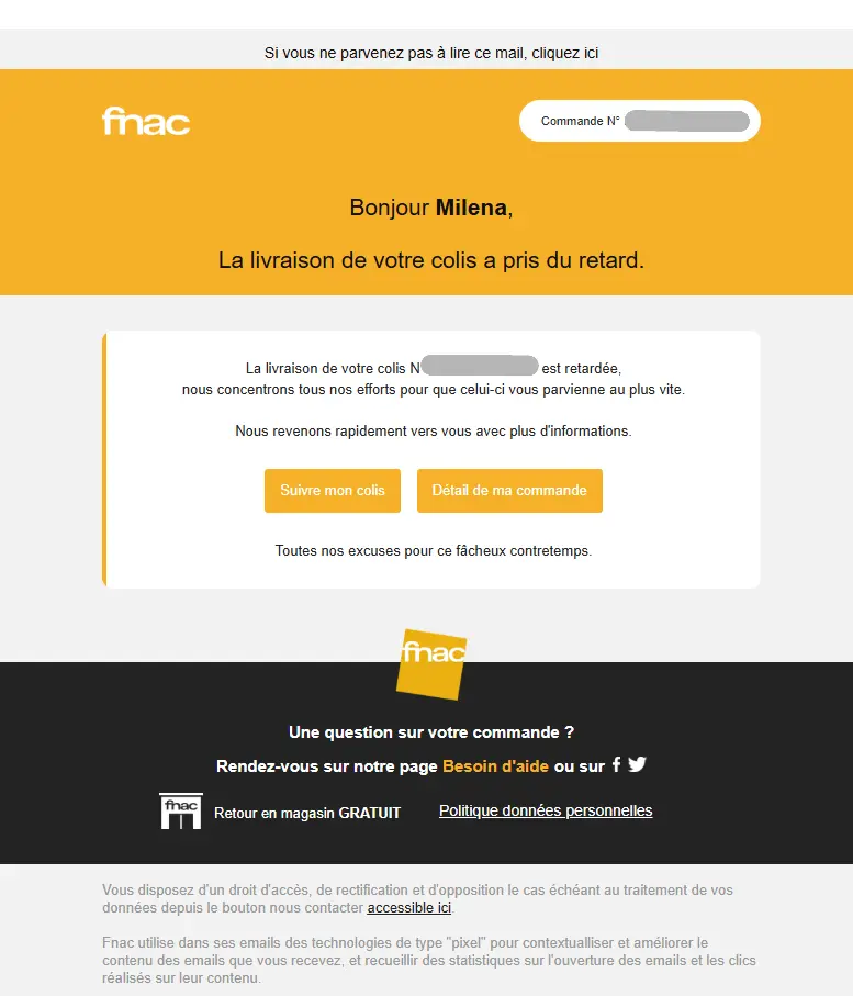 Email de Fnac informant d'un retard de livraison pour une commande, avec options pour suivre le colis ou voir les détails.