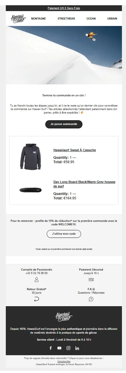 Email de relance panier de HawaiiSurf avec offre de paiement en 3/4 fois sans frais. Présente un sweat à capuche et une housse de surf.