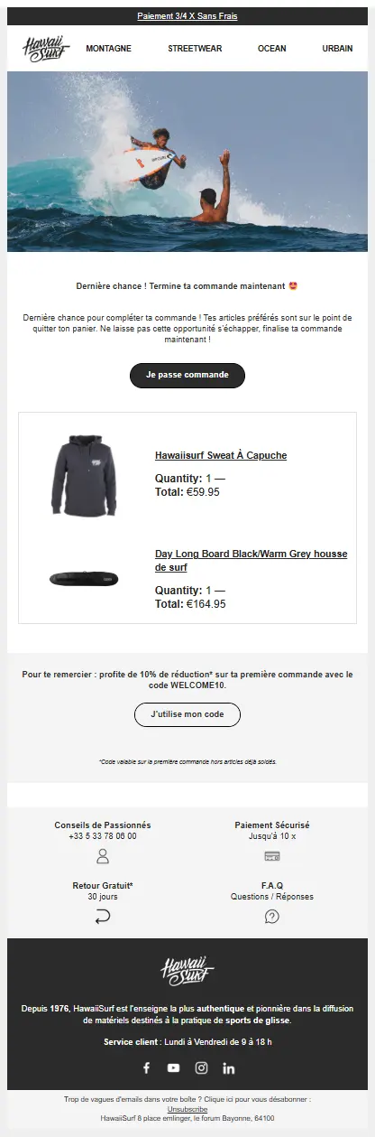 Email de relance panier de Hawaiisurf avec image de surfeur, détails de commande de sweat à capuche et housse de surf, et code promo.