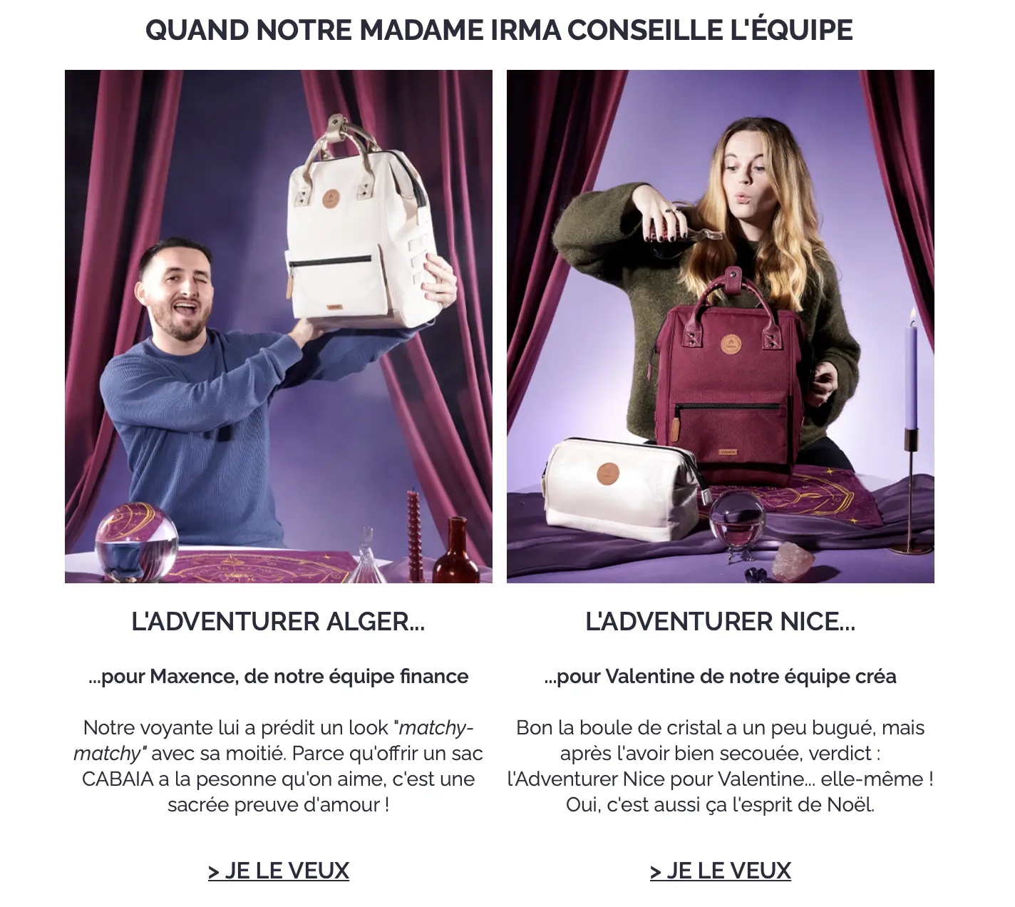 Deux images de personnes avec des sacs Cabaia, l'une tenant un sac beige, l'autre un sac bordeaux, avec accessoires mystiques.