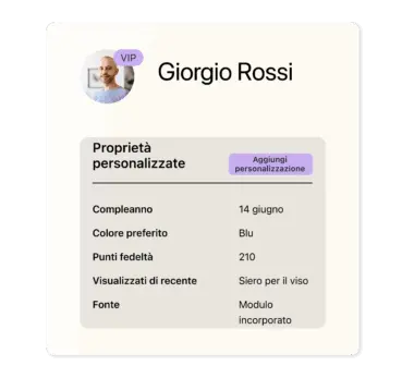 Profilo utente di Giorgio Rossi con dettagli personalizzati: compleanno 14 giugno, colore preferito blu, 210 punti fedeltà.
