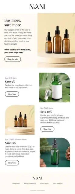 Promozione NANI con bottiglie di vetro per cosmetici. Offerte: sconto 5% su un articolo, 10% su due, 15% su tre o più.