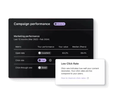 Prestazioni della campagna con metriche di marketing: tasso di apertura eccellente, tasso di clic discreto, tasso di click-through buono.