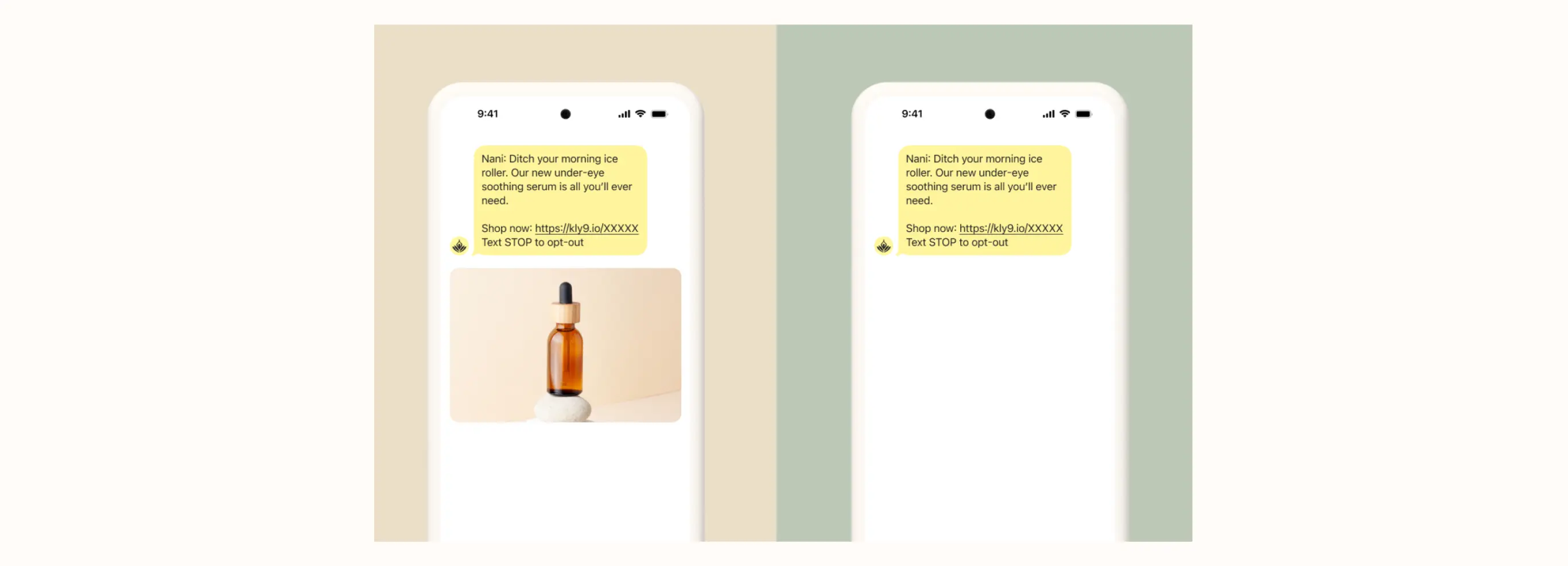 Due smartphone mostrano un messaggio promozionale su un siero per occhi, con un link per acquistare e un'immagine del prodotto.