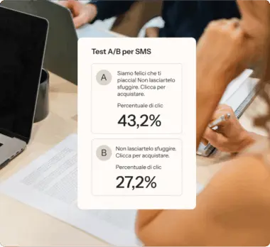Test A/B per SMS con due opzioni: A con il 43,2% di clic e B con il 27,2% di clic, su sfondo di lavoro d'ufficio.