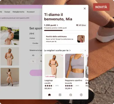 Schermata di un'app di shopping online che mostra un messaggio di benvenuto, punti fedeltà, e prodotti sportivi consigliati.