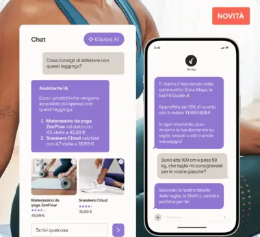 Chat di Klaviyo AI su uno schermo, con suggerimenti di prodotti per leggings e una conversazione su taglie di abbigliamento.