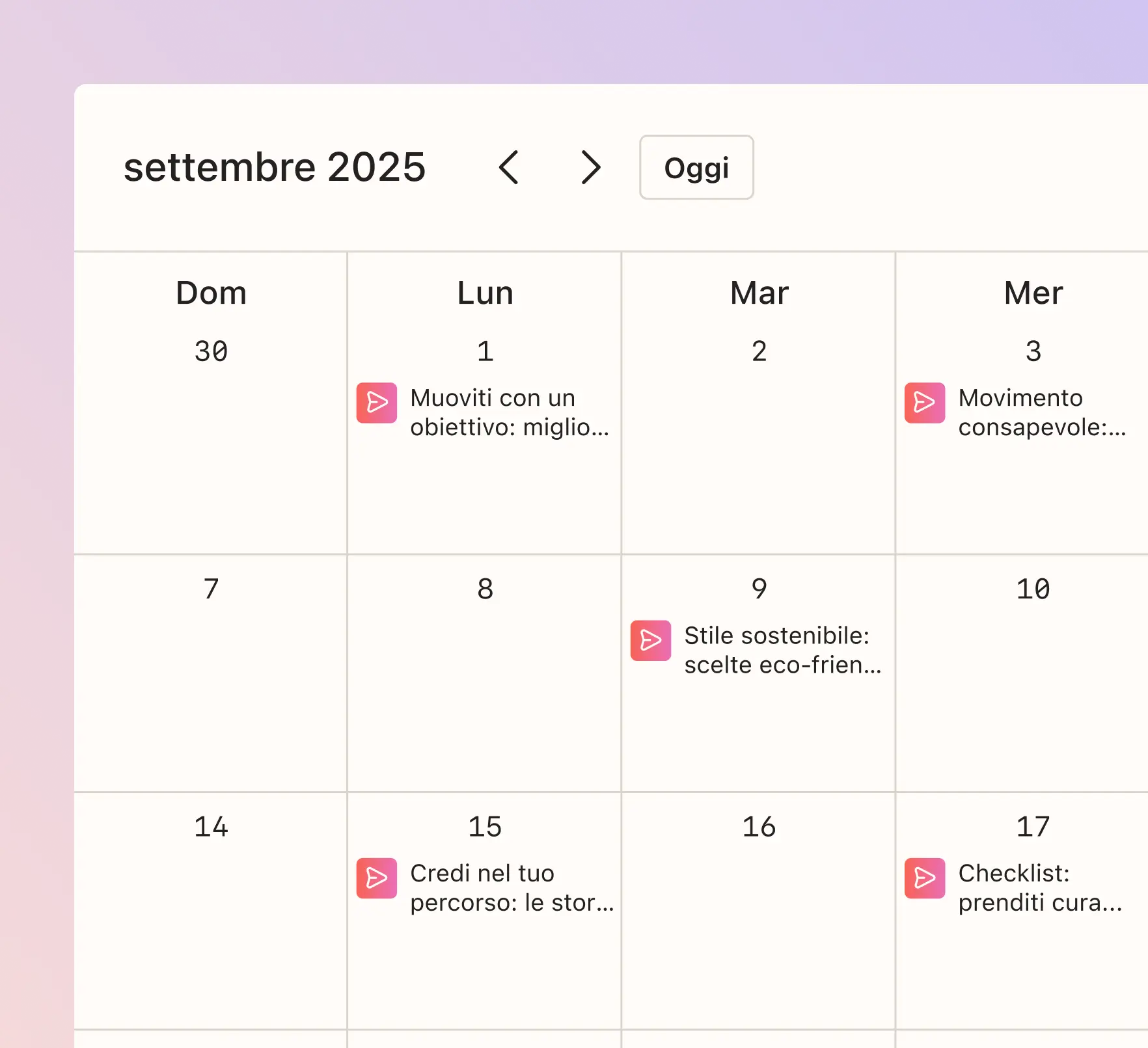 Calendario di settembre 2025 con eventi programmati il 1, 3, 9, 15 e 17.