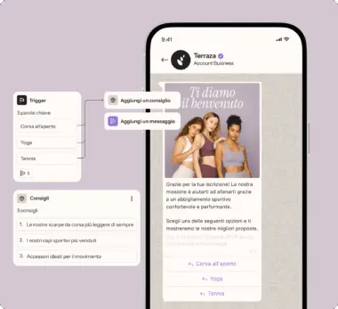 Messaggio WhatsApp dall’account business Terraza che mostra consigli sull'abbigliamento sportivo basati su parole chiave: corsa all’aperto, yoga, tennis.