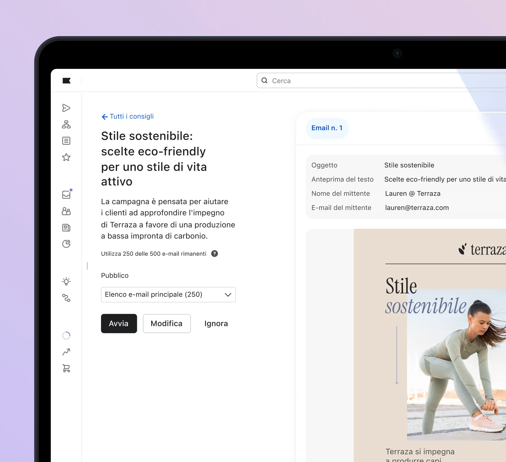 Schermata di un'applicazione per campagne email con il tema "Stile sostenibile: scelte eco-friendly".
