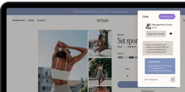 Pagina web di un negozio online "Terraza" con immagini di abbigliamento sportivo e una chat con assistente AI.