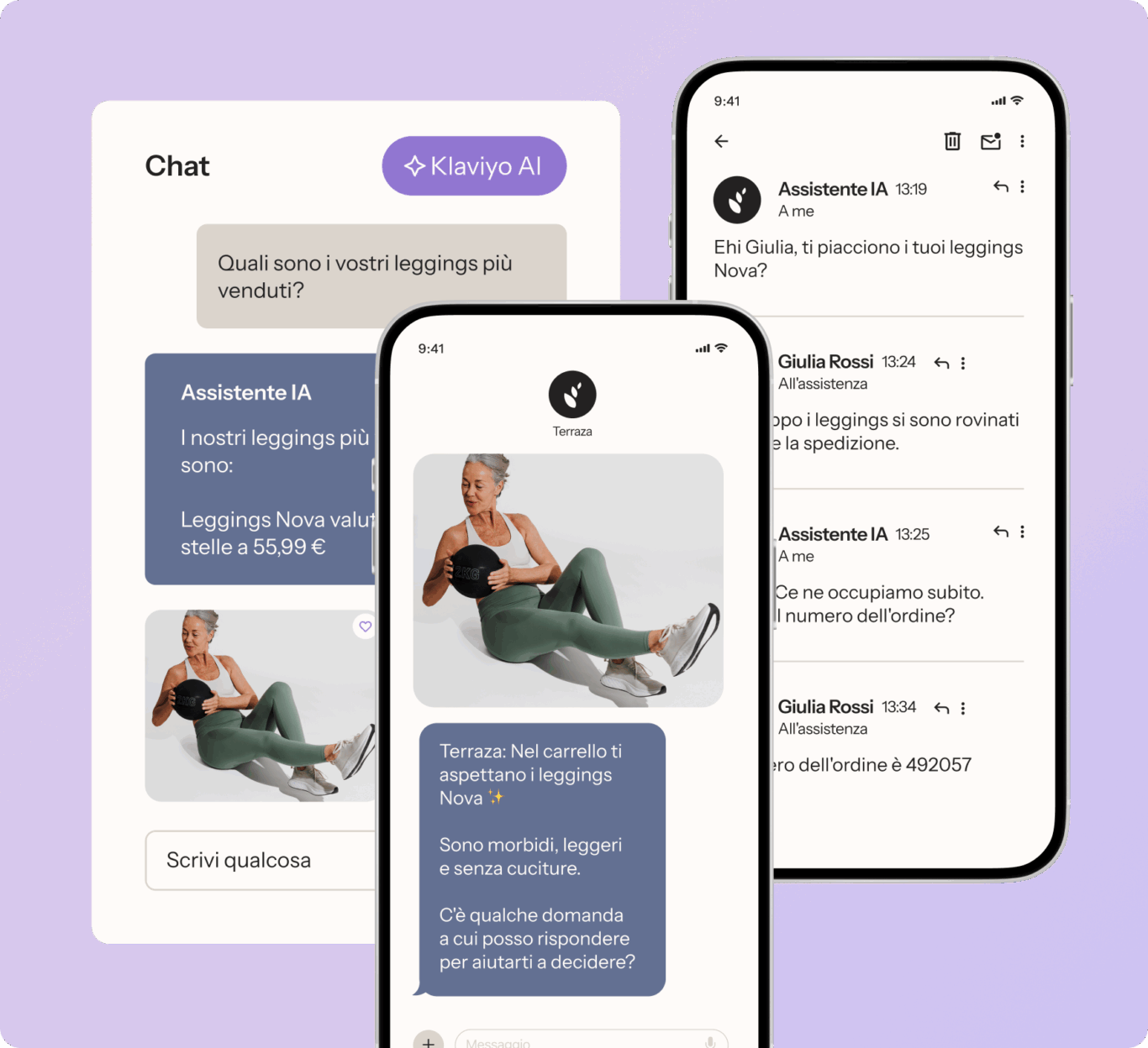 Tre schermate di un'app di chat con assistente IA. Mostrano una conversazione su leggings e un'immagine di una donna che li indossa.