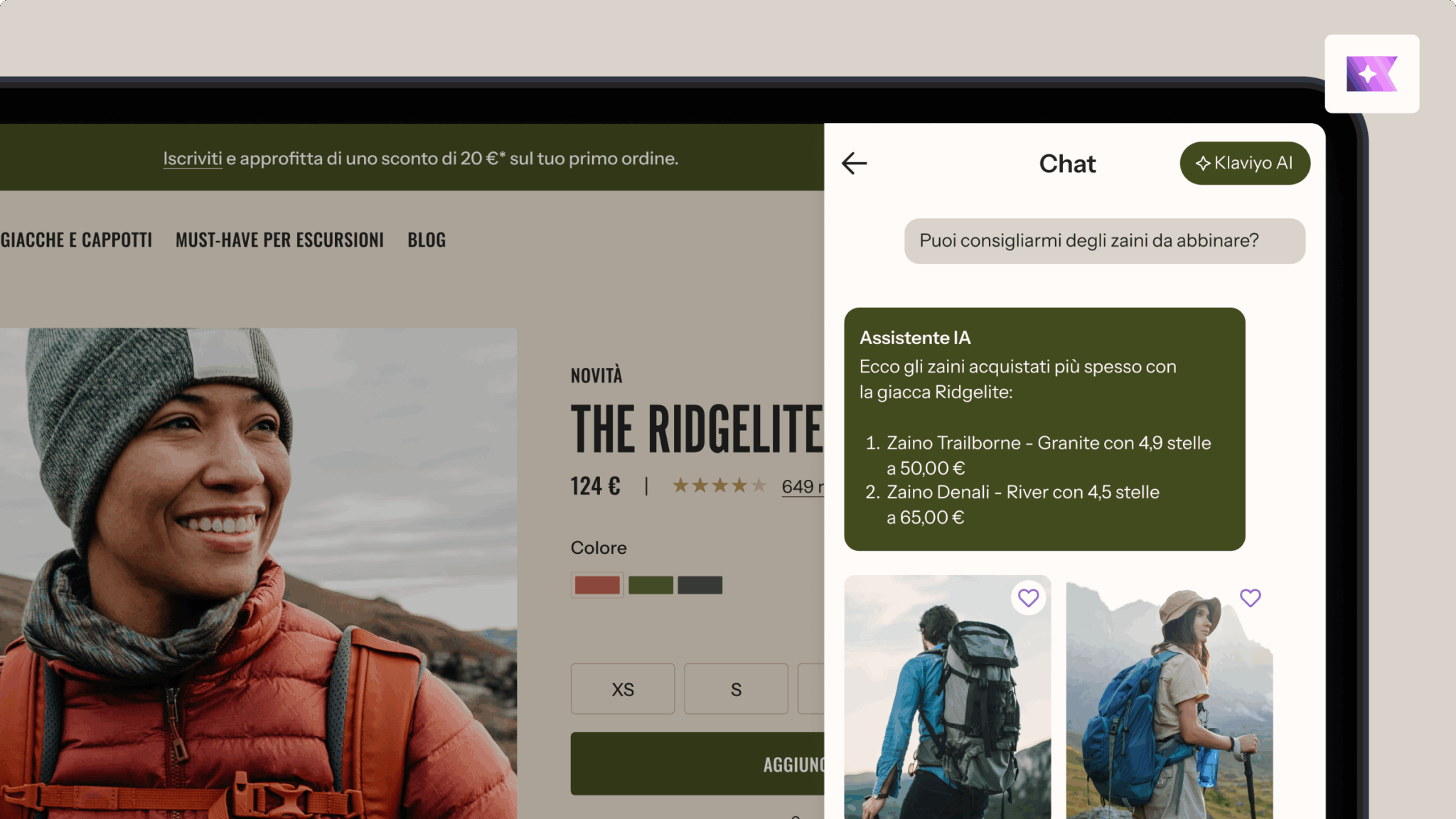 Interfaccia di shopping online che mostra la giacca Ridgelite, con una chat basata sull'IA che consiglia zaini compatibili.