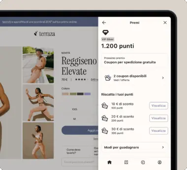 Interfaccia di un sito di shopping online che mostra la pagina dell'articolo "Lumen Ele" (abbigliamento sportivo) e un pannello dei premi indicante i punti e le opzioni per i coupon.