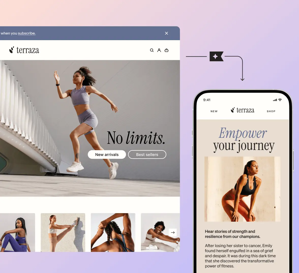 Schermate web e mobile del brand "Terraza". A sinistra, una donna che corre con il testo "Nessun limite". A destra, il testo "Credi nel tuo percorso" con una donna in abbigliamento sportivo.