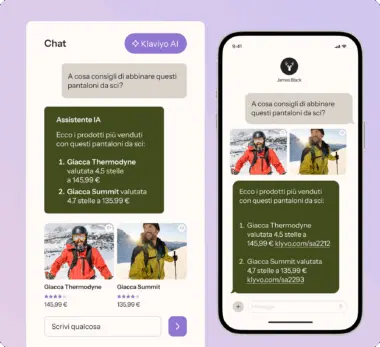 Chat tra utente e assistente IA su abbinamenti di pantaloni da sci. Consigliate giacche Thermodyne e Summit con immagini e prezzi.