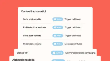 Controlli automatici con opzioni attive per serie post-vendita, richiesta di recensione e altro, su sfondo rosso.