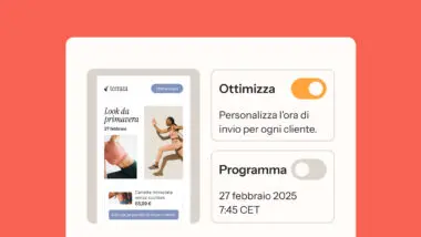 Anteprima di un'email di moda con opzioni di personalizzazione dell'invio, data programmata 27 febbraio 2025, 7:45 CET.