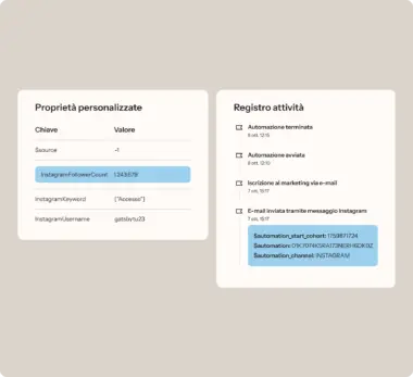 Proprietà personalizzate e registro attività mostrano dati di Instagram, come follower e azioni di automazione.
