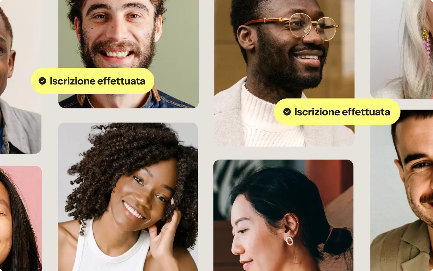 Persone sorridenti in un collage di foto. Due immagini hanno l'etichetta "Iscrizione effettuata" su sfondo giallo.