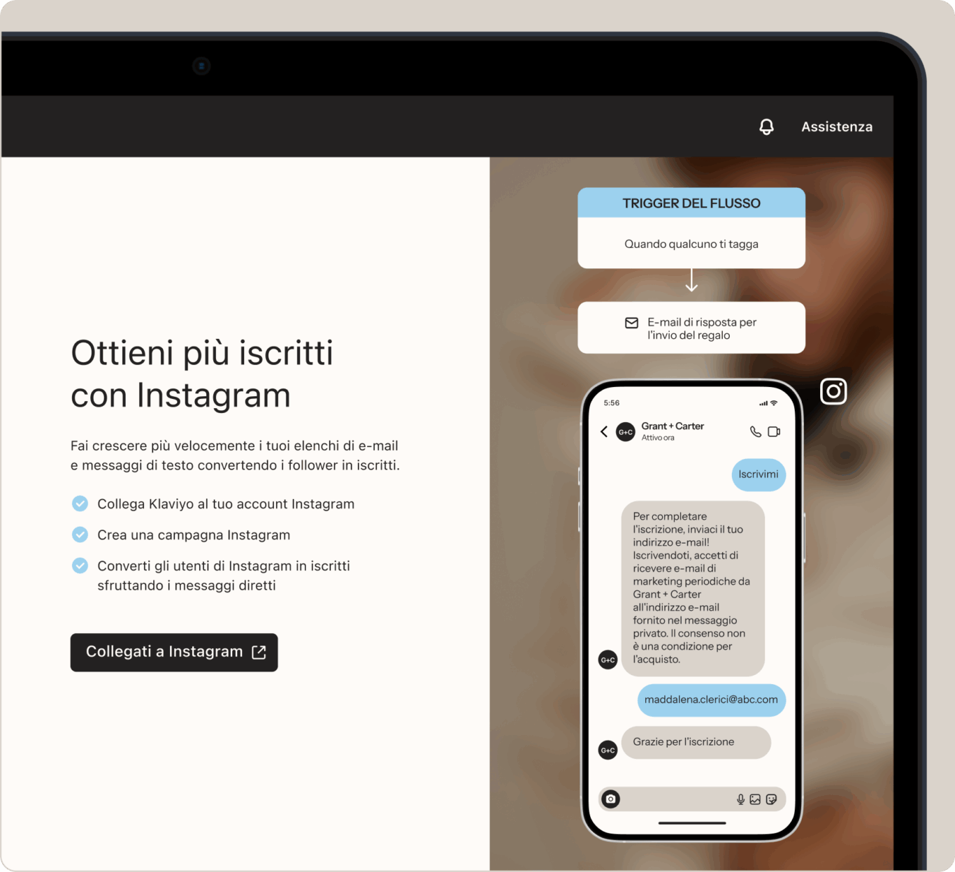 Schermata di una guida su come ottenere più iscritti con Instagram, con istruzioni e un esempio di conversazione su smartphone.