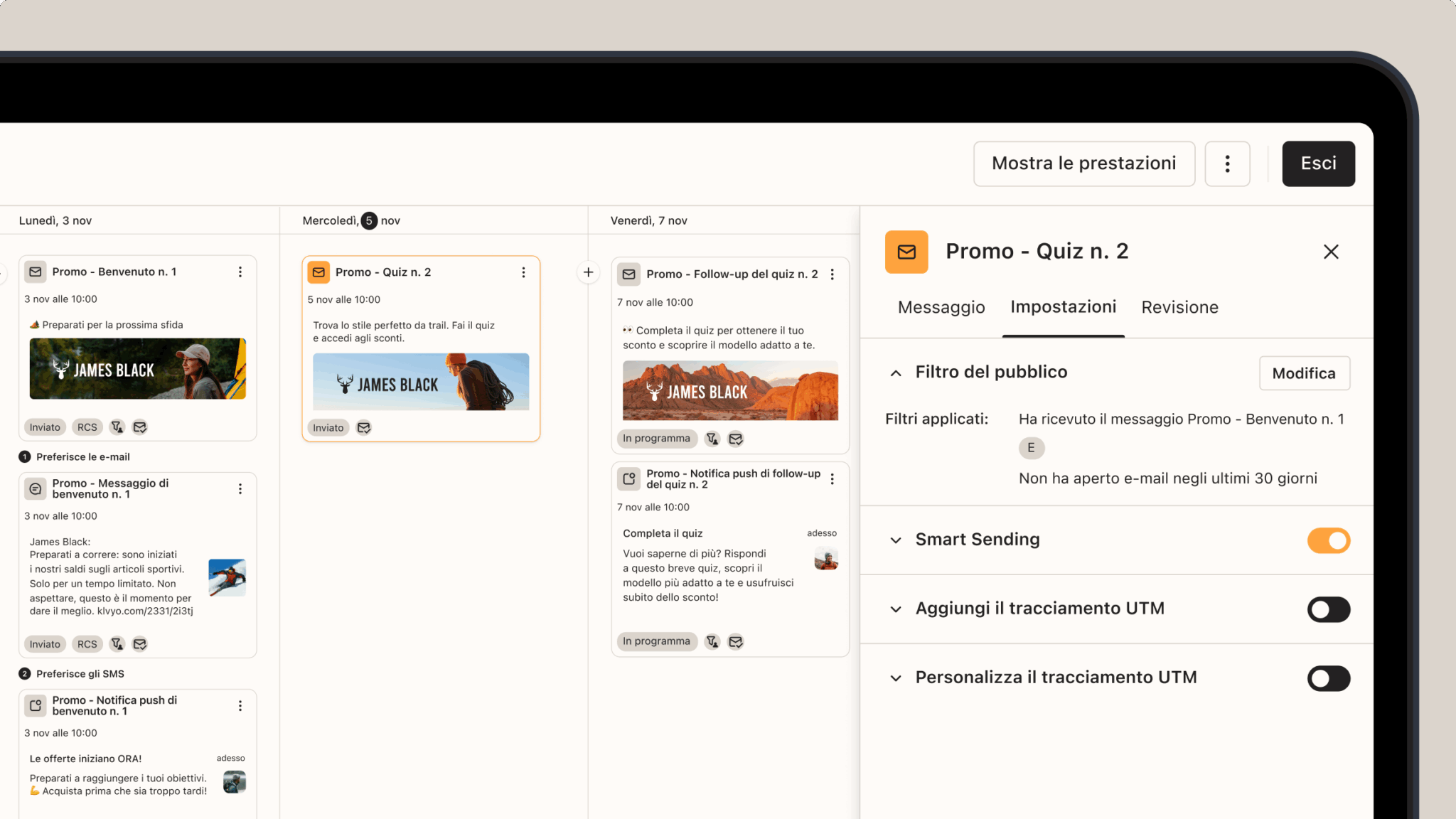 Schermata di un'interfaccia utente che mostra una pianificazione di campagne promozionali via email e notifiche push per "James Black".