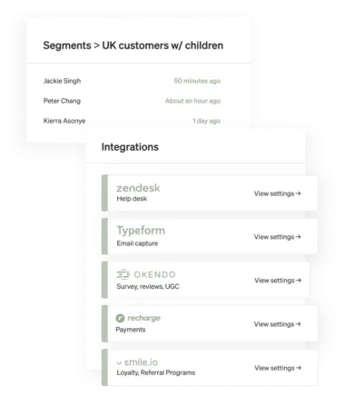 Two snapshots of the Klaviyo dashboard offer a look into a user’s “UK customers w/ children” segment and integrations