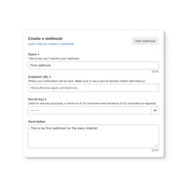 Klaviyo screen for creating a webhook. Fields for webhook name, endpoint URL, security key, and description. Button to test webhook.