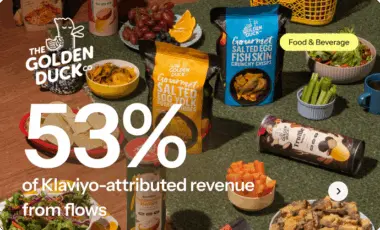 Golden Duck Co. snacks on a table with text: "53% of Klaviyo-attributed revenue from flows.