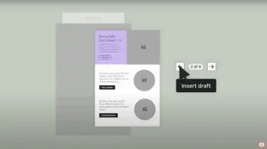 Email template design with a "Spring Sale" theme, navigation arrows, and "Insert draft" button highlighted.