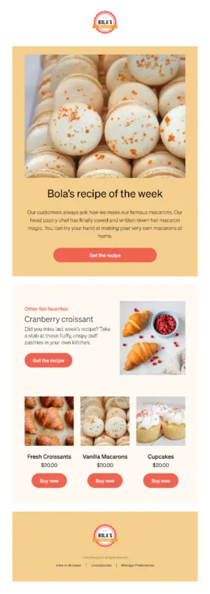 Email newsletter featuring Bola's recipe of the week for macarons, cranberry croissant recipe, and products like croissants, macarons, and cupcakes.