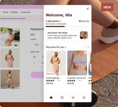 Shopping app interface showing clothing recommendations for "Mia," including coral leggings and a lavender sports bra.