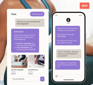 Chat interface showing Klaviyo AI recommending products like ZenFlow Yoga Mat and Cloud Sneakers. A phone screen displays a conversation with a fit guide offering a discount code and sizing advice.
