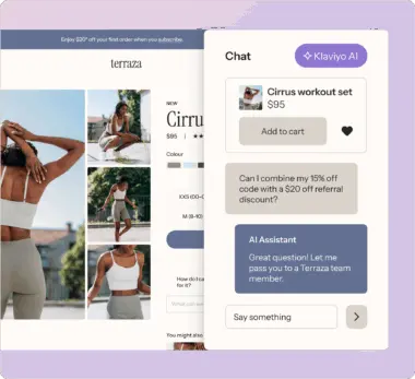 Online shopping interface for "Cirrus workout set" with AI chat support. Includes product images, price, and discount query.