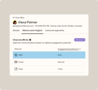 Profile interface showing channel affinity for Alexa Palmer. SMS is the top engagement preference, followed by email and push notifications.