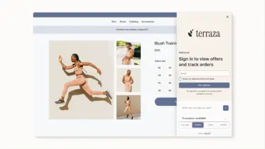 E-commerce page displaying a woman in athletic wear, product images, size options, and a sign-in form for offers and order tracking.
