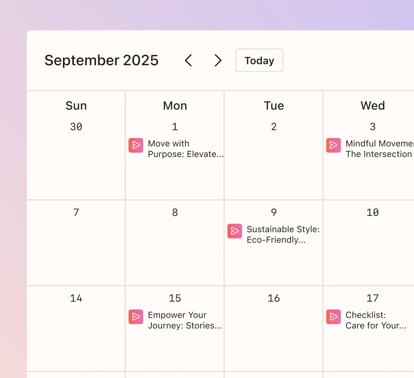 September 2025 calendar with events on 1st, 3rd, 9th, 15th, and 17th, each marked with an icon.