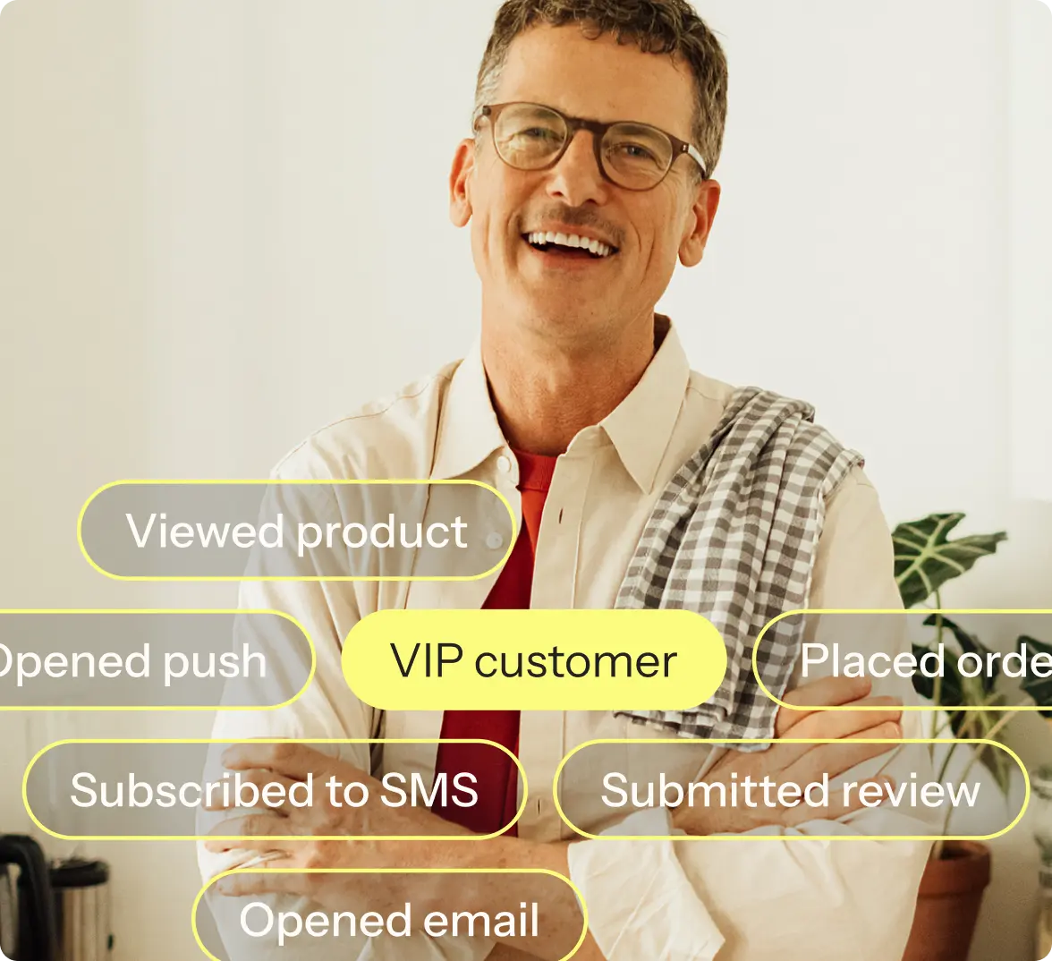 Smiling person with glasses and a checkered cloth over shoulder. Text overlays include "VIP customer," "Viewed product," and more.