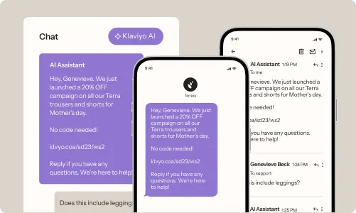 Three smartphone screens displaying a chat with Klaviyo AI about a 20% off campaign on Terra trousers and shorts for Mother's Day.