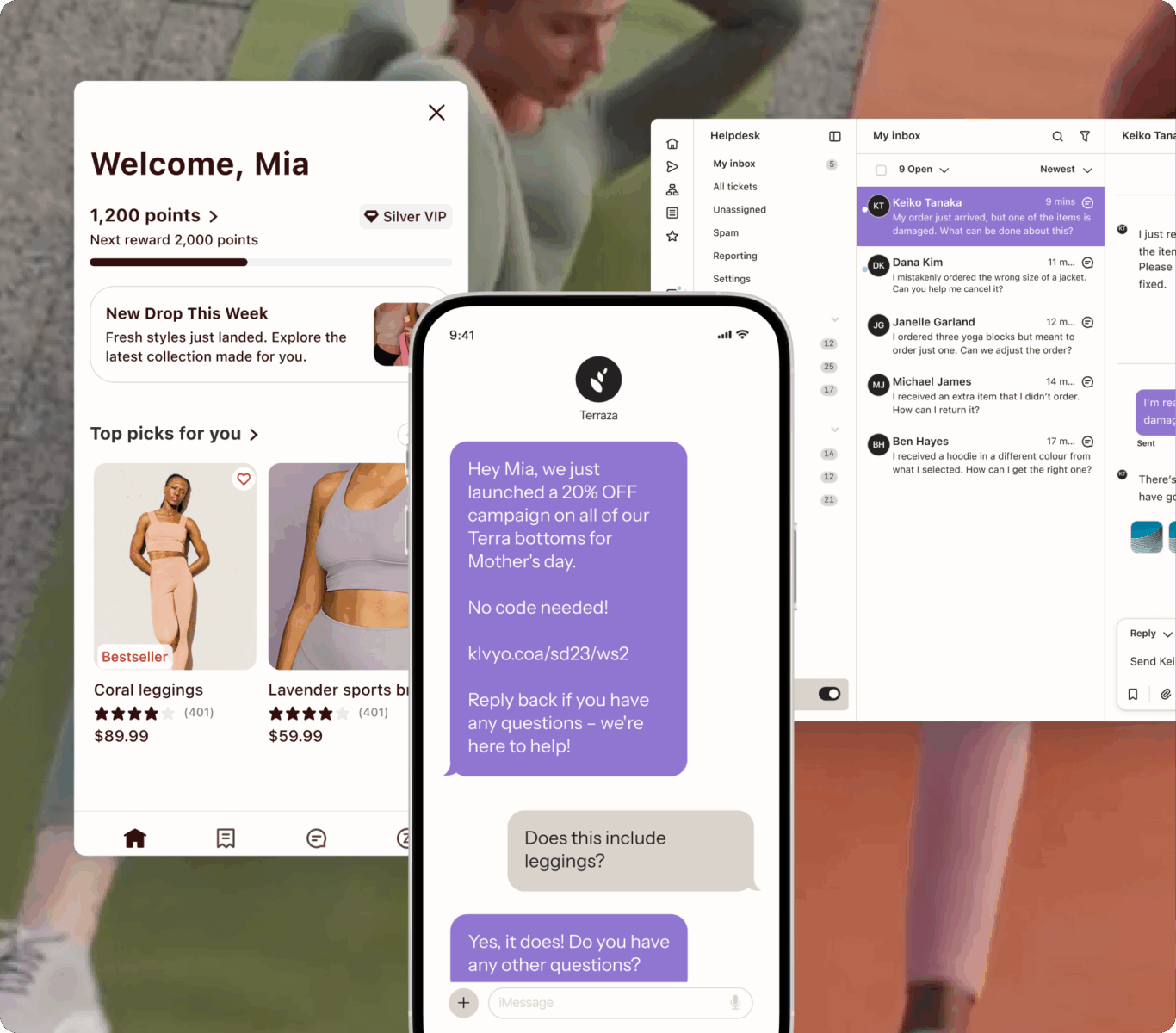 A digital interface showcasing a customer loyalty program, a promotional message about a 20% discount on Terra bottoms, and a helpdesk inbox.