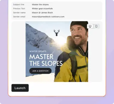 Man in winter gear smiling on a snowy mountain, with text "Winter Sports: Master the Slopes" and a button "Ask a Question".