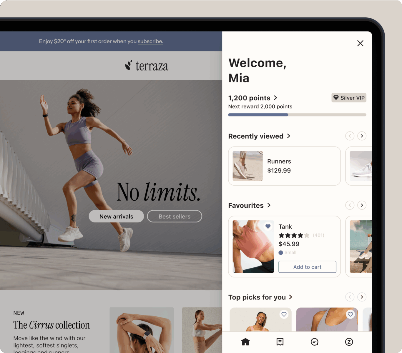 Woman in athletic wear running with "No limits" text. Sidebar shows user profile, points, and shopping options for athletic apparel.