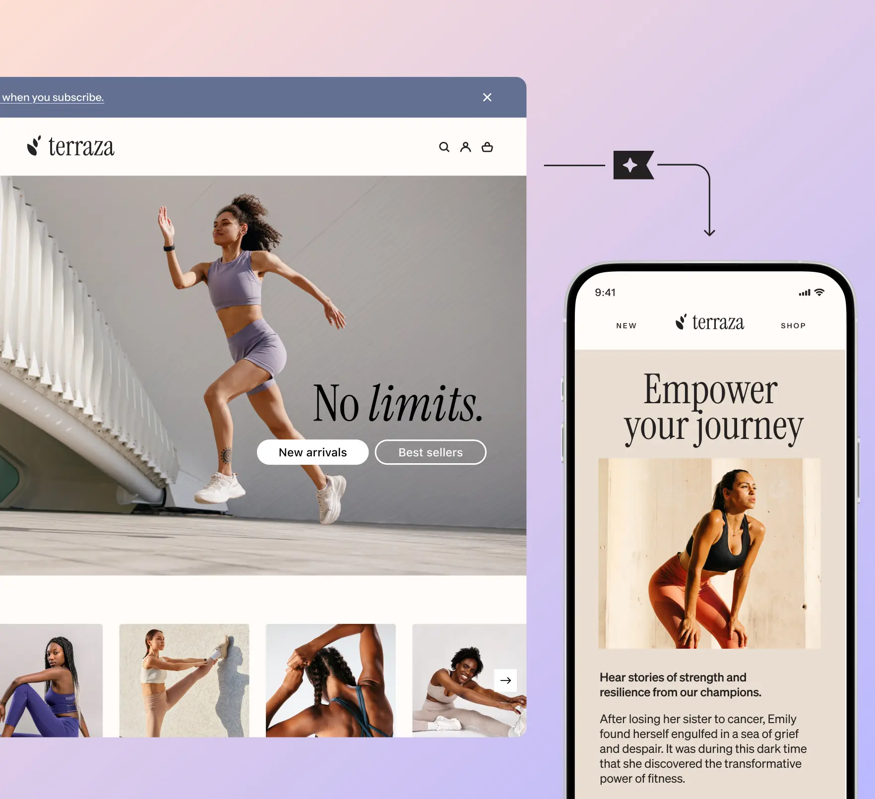 A woman in athletic wear runs on a website banner with the text "No limits." A mobile screen shows "Empower your journey.
