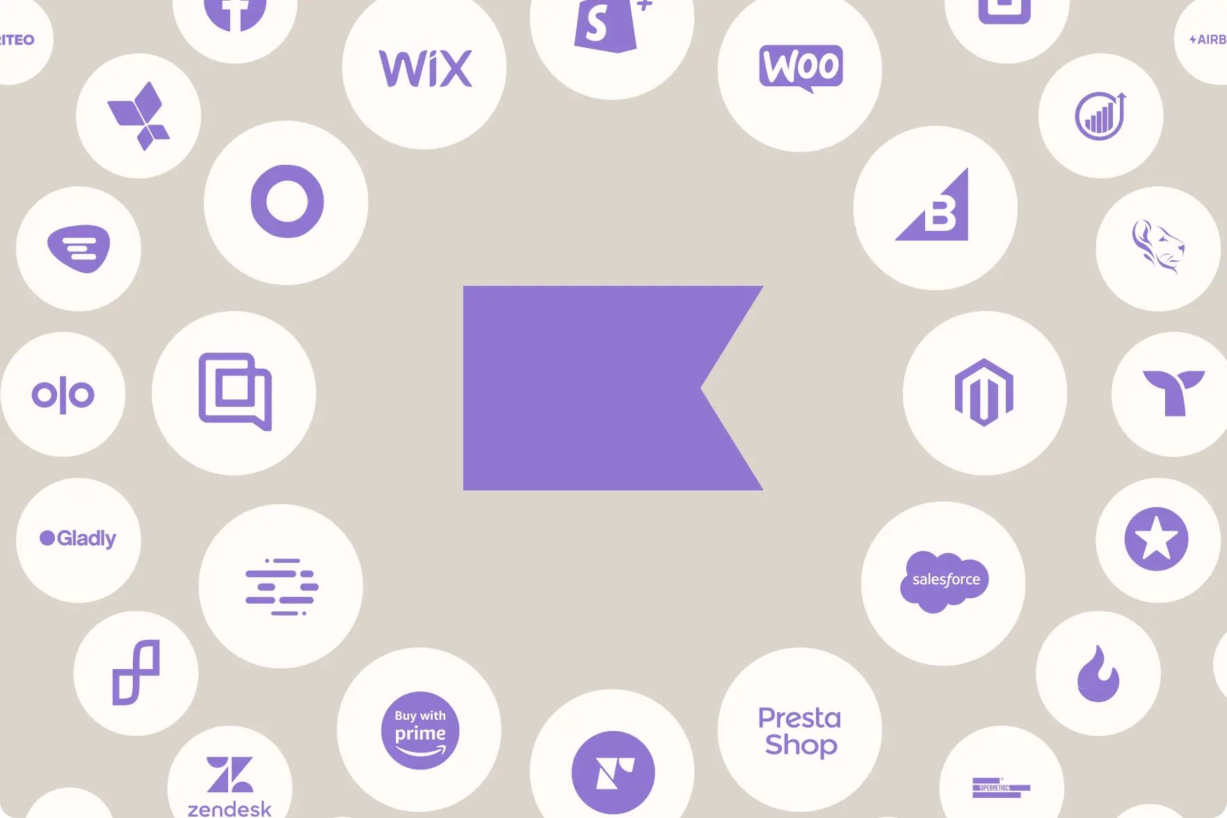 Various platform logos, including Wix, Shopify, WooCommerce, BigCommerce, Magento, Salesforce, and others, surrounding a central purple flag icon.