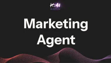 Marketing Agent" text with "K:AI in Action" above, on a dark background with a wavy dotted pattern.