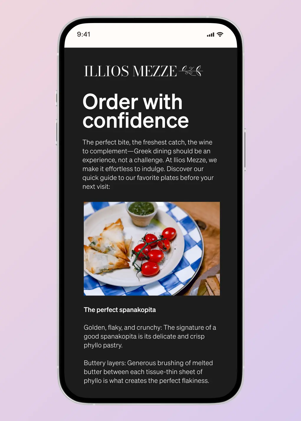 Mobile screen displaying a guide from "Ilios Mezze" titled "Order with confidence," featuring a dish of spanakopita and cherry tomatoes.